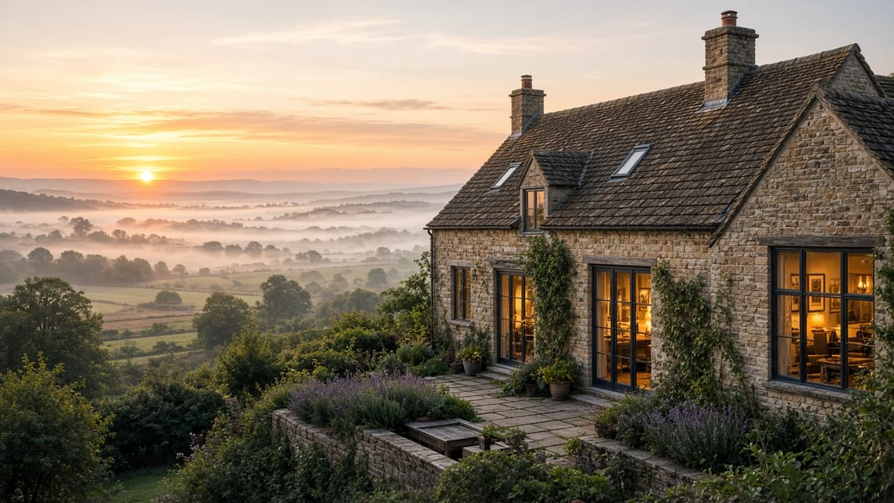 Finished English countryside home at sunrise