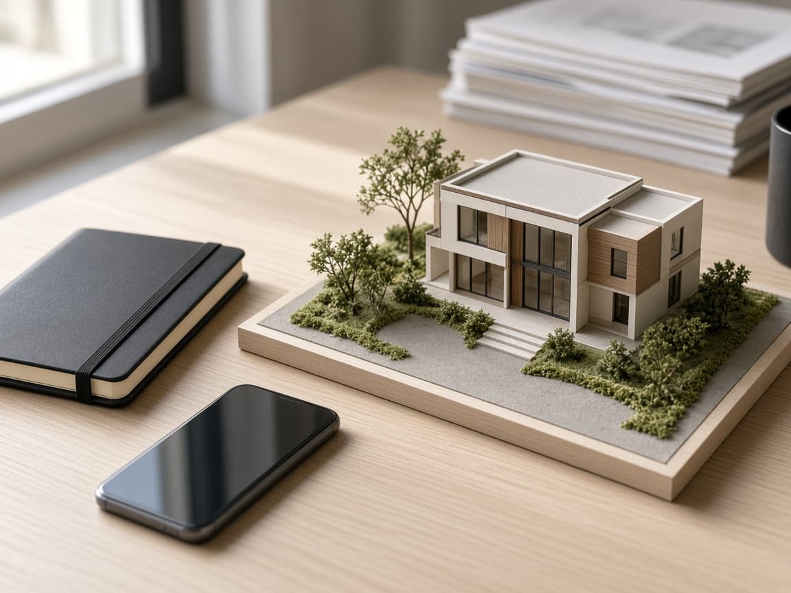 Phone and notebook beside an architectural model