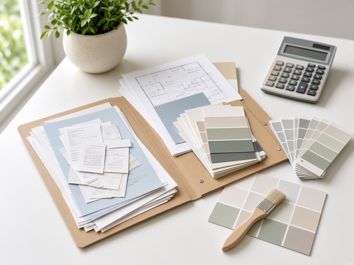 Project documents, receipts and budget tools on a desk